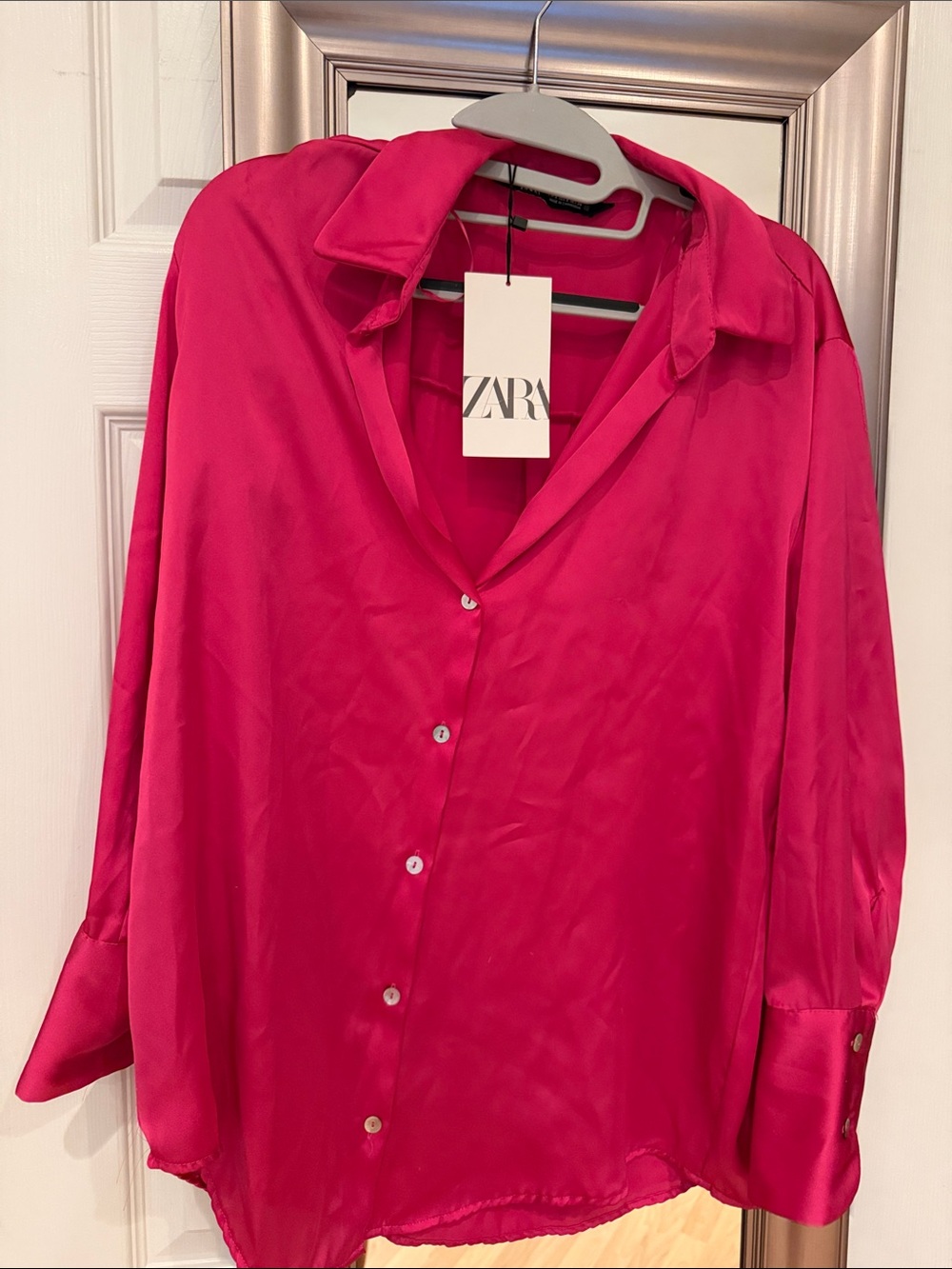 Zara Vibrant Pink Satin Button-Front Blouse. New With Tags